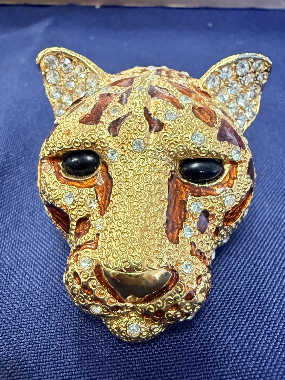 Vintage Ciner Leopard Brooch Gold Rhinestone Enamel Big Cat Pin/1960’s